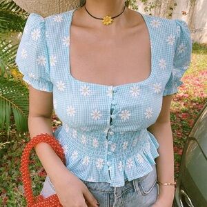 NWT Short Puff Sleeve Gingham Floral Print Crop Top M